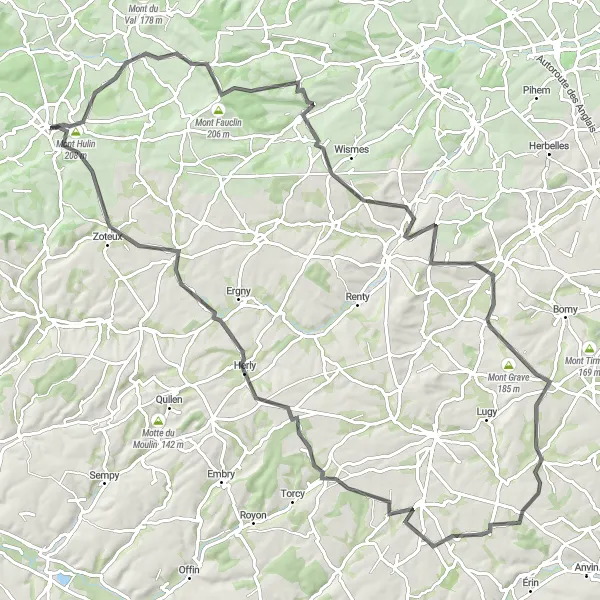 Map miniature of "The Challenging Route" cycling inspiration in Nord-Pas de Calais, France. Generated by Tarmacs.app cycling route planner