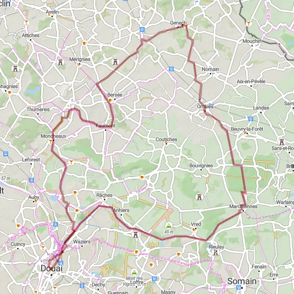 Miniature de la carte de l'inspiration cycliste "Exploration du Pays de Pévèle en Gravel" dans la Nord-Pas de Calais, France. Générée par le planificateur d'itinéraire cycliste Tarmacs.app