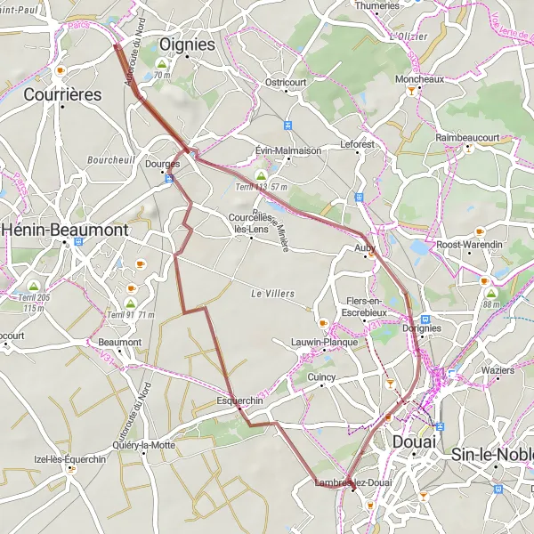 Miniature de la carte de l'inspiration cycliste "Circuit de Dourges et Auby" dans la Nord-Pas de Calais, France. Générée par le planificateur d'itinéraire cycliste Tarmacs.app