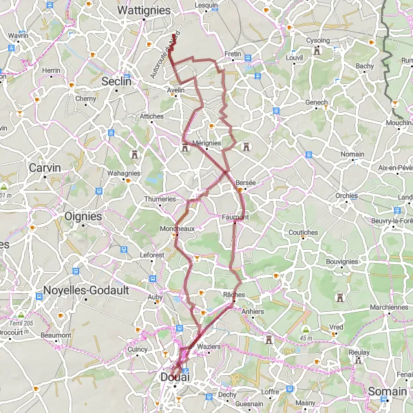 Miniature de la carte de l'inspiration cycliste "Découverte de Mérignies en Gravel" dans la Nord-Pas de Calais, France. Générée par le planificateur d'itinéraire cycliste Tarmacs.app