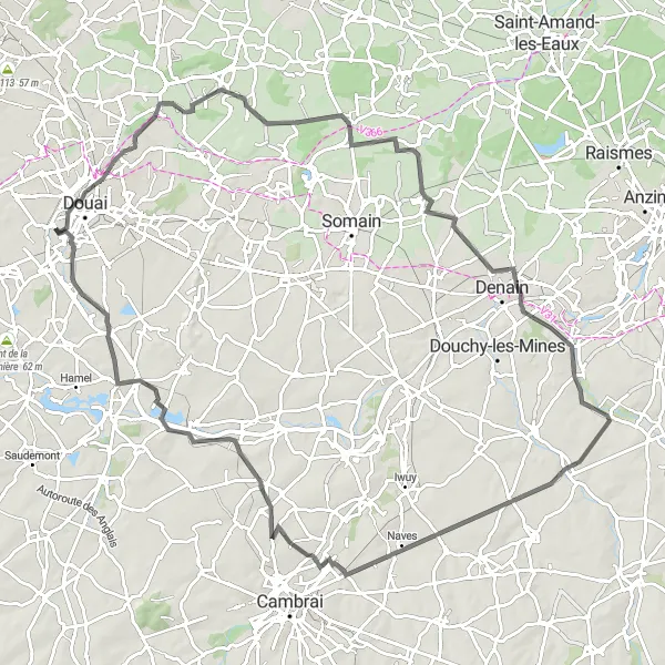 Miniature de la carte de l'inspiration cycliste "Parcours cycliste entre Douai et Denain" dans la Nord-Pas de Calais, France. Générée par le planificateur d'itinéraire cycliste Tarmacs.app
