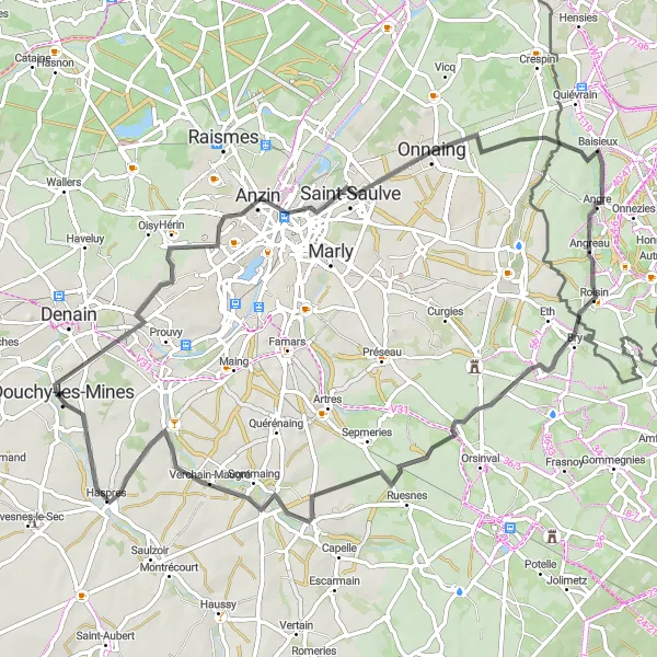 Miniature de la carte de l'inspiration cycliste "Boucle à travers les villages du Nord" dans la Nord-Pas de Calais, France. Générée par le planificateur d'itinéraire cycliste Tarmacs.app
