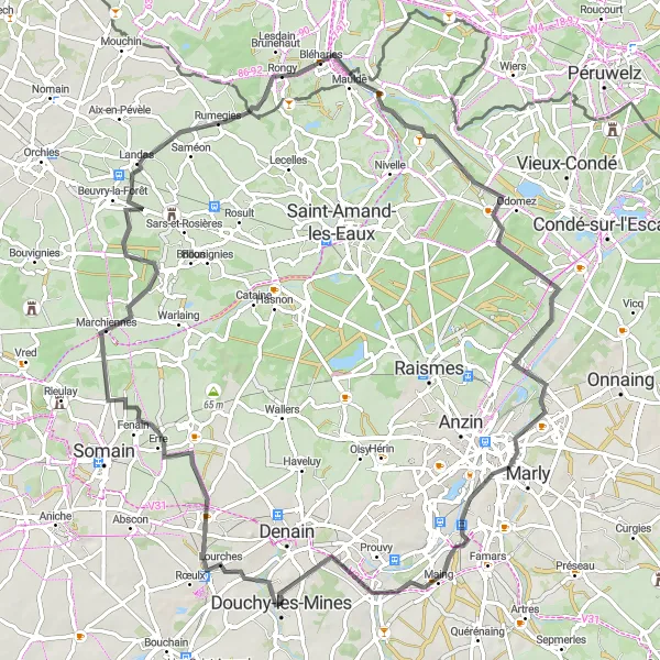 Map miniature of "The Valenciennes Discovery" cycling inspiration in Nord-Pas de Calais, France. Generated by Tarmacs.app cycling route planner