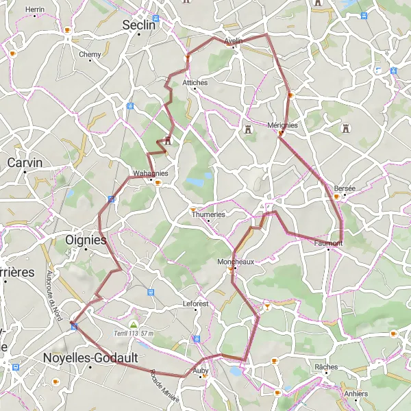 Miniature de la carte de l'inspiration cycliste "Chemin à gravier autour de Dourges" dans la Nord-Pas de Calais, France. Générée par le planificateur d'itinéraire cycliste Tarmacs.app