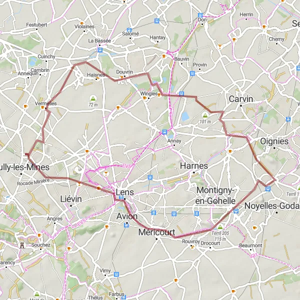 Miniature de la carte de l'inspiration cycliste "Tour de Dourges 57 km (Gravel)" dans la Nord-Pas de Calais, France. Générée par le planificateur d'itinéraire cycliste Tarmacs.app