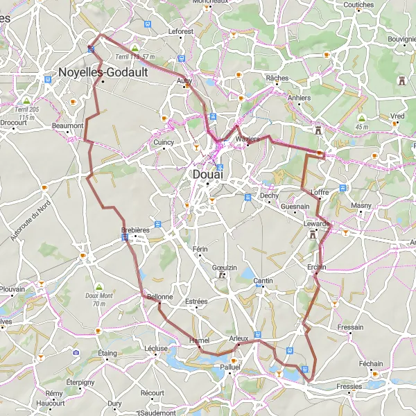 Miniature de la carte de l'inspiration cycliste "Exploration de terrils 67 km (Gravel)" dans la Nord-Pas de Calais, France. Générée par le planificateur d'itinéraire cycliste Tarmacs.app