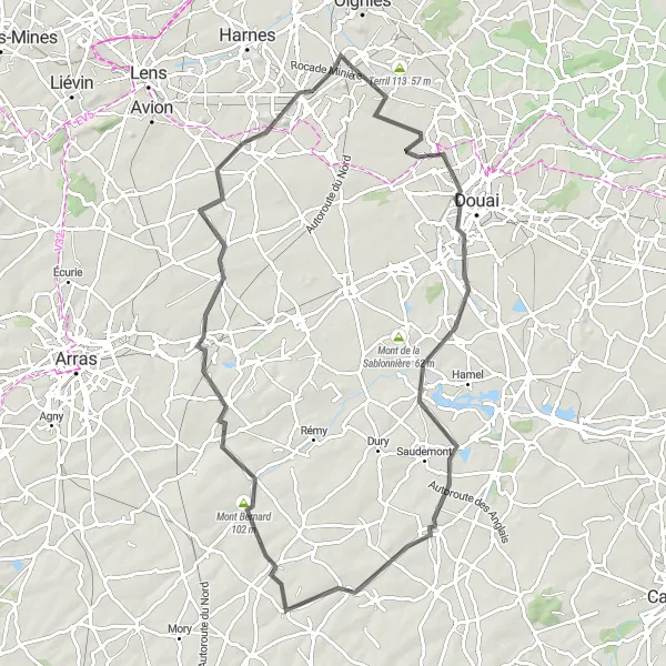 Miniature de la carte de l'inspiration cycliste "Randonnée vers Mont Bernard 83 km (Route)" dans la Nord-Pas de Calais, France. Générée par le planificateur d'itinéraire cycliste Tarmacs.app
