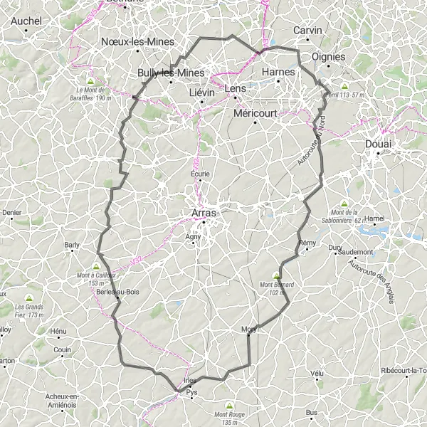 Map miniature of "The Challenge of Artois" cycling inspiration in Nord-Pas de Calais, France. Generated by Tarmacs.app cycling route planner