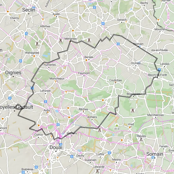 Miniature de la carte de l'inspiration cycliste "Circuit vers Lallaing 70 km (Route)" dans la Nord-Pas de Calais, France. Générée par le planificateur d'itinéraire cycliste Tarmacs.app