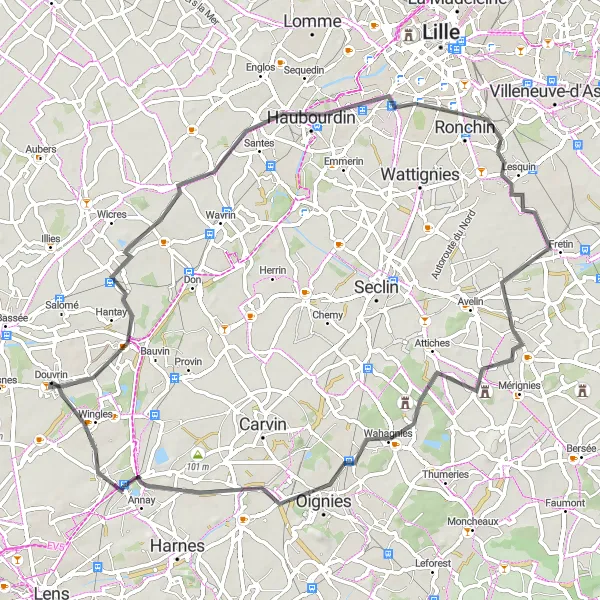 Map miniature of "The Lesquin Road Escape" cycling inspiration in Nord-Pas de Calais, France. Generated by Tarmacs.app cycling route planner