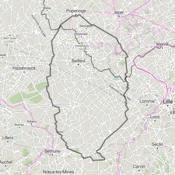 Miniature de la carte de l'inspiration cycliste "La boucle des tranchées de Bayernwald" dans la Nord-Pas de Calais, France. Générée par le planificateur d'itinéraire cycliste Tarmacs.app