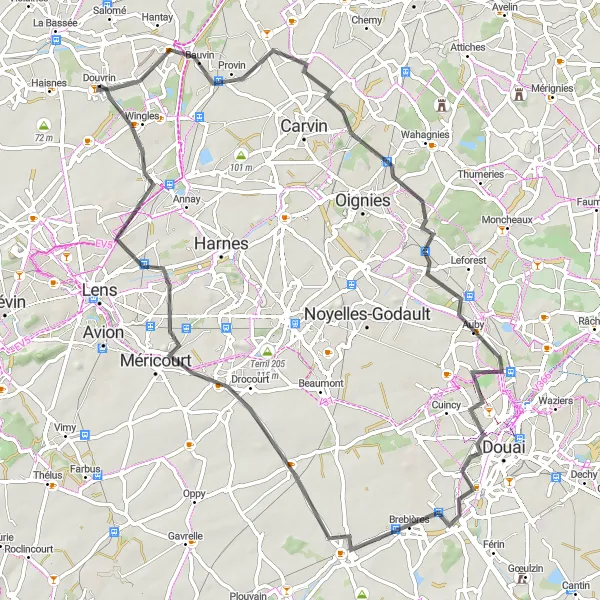 Miniature de la carte de l'inspiration cycliste "Itinéraire entre Bauvin et Vendin-le-Vieil" dans la Nord-Pas de Calais, France. Générée par le planificateur d'itinéraire cycliste Tarmacs.app
