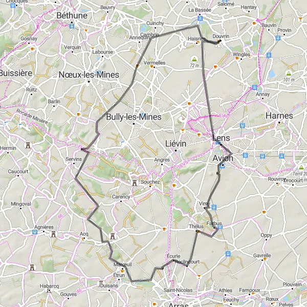 Miniature de la carte de l'inspiration cycliste "Parcours autour d'Anzin-Saint-Aubin" dans la Nord-Pas de Calais, France. Générée par le planificateur d'itinéraire cycliste Tarmacs.app