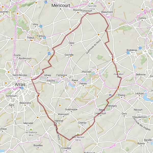 Map miniature of "Across the Countryside" cycling inspiration in Nord-Pas de Calais, France. Generated by Tarmacs.app cycling route planner