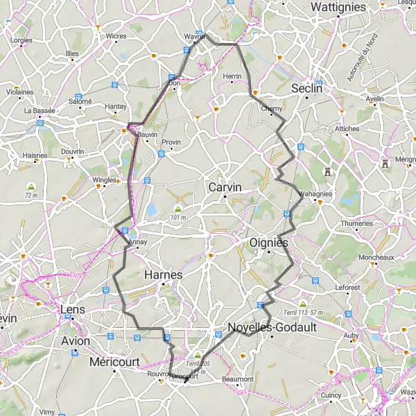 Miniature de la carte de l'inspiration cycliste "Circuit du Nord-Ouest de Lens" dans la Nord-Pas de Calais, France. Générée par le planificateur d'itinéraire cycliste Tarmacs.app