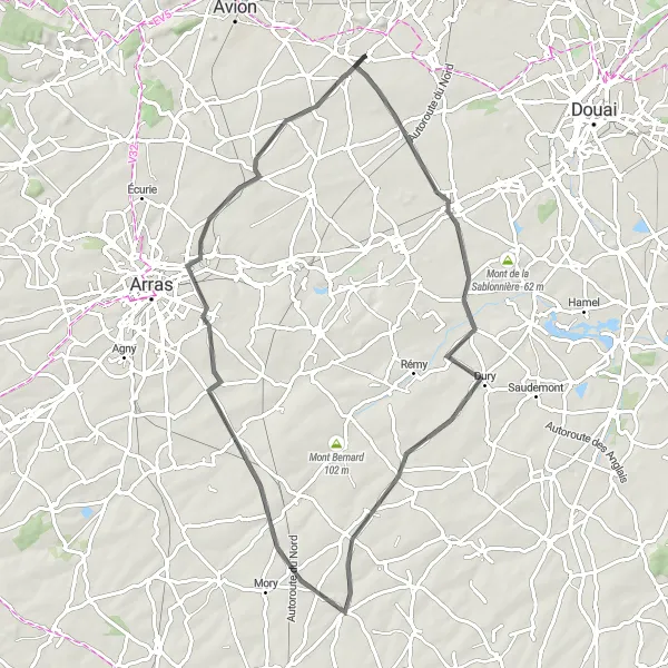 Miniature de la carte de l'inspiration cycliste "Boucle de Drocourt à Vitry-en-Artois" dans la Nord-Pas de Calais, France. Générée par le planificateur d'itinéraire cycliste Tarmacs.app