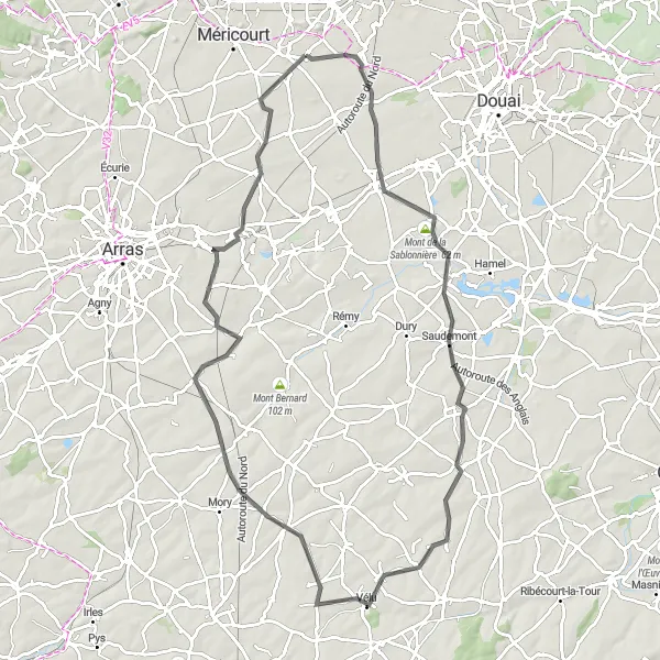 Miniature de la carte de l'inspiration cycliste "Les Vignobles de l'Artois" dans la Nord-Pas de Calais, France. Générée par le planificateur d'itinéraire cycliste Tarmacs.app