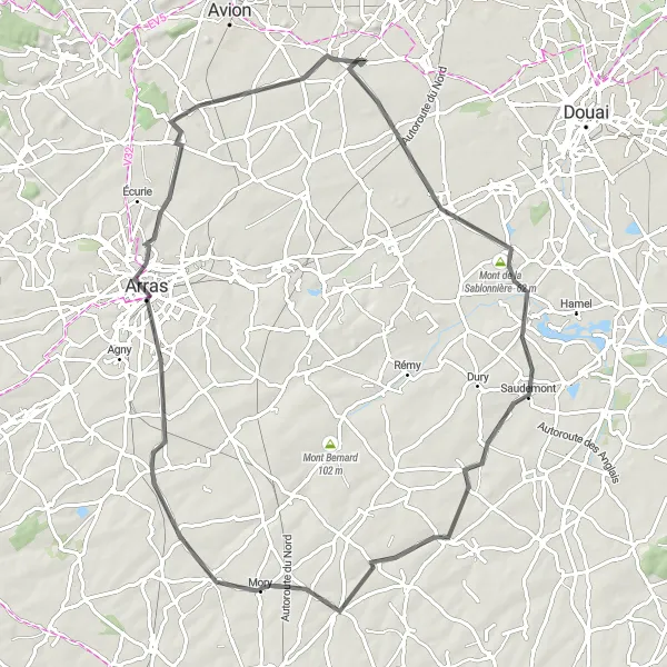 Miniature de la carte de l'inspiration cycliste "Tour des Monts autour de Drocourt" dans la Nord-Pas de Calais, France. Générée par le planificateur d'itinéraire cycliste Tarmacs.app
