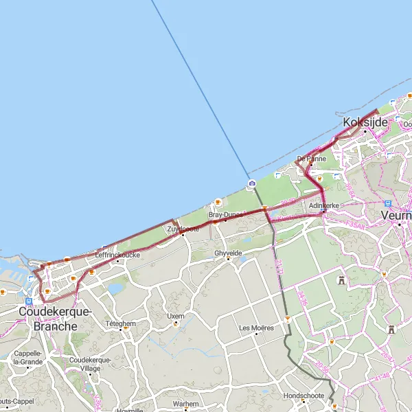 Miniature de la carte de l'inspiration cycliste "Les Dunes du Nord" dans la Nord-Pas de Calais, France. Générée par le planificateur d'itinéraire cycliste Tarmacs.app