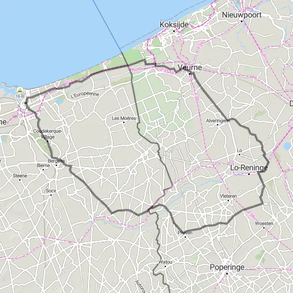 Miniature de la carte de l'inspiration cycliste "Parcours des Polders Flamands" dans la Nord-Pas de Calais, France. Générée par le planificateur d'itinéraire cycliste Tarmacs.app