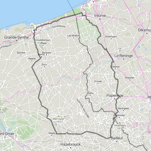 Map miniature of "Road to the Historic Castles" cycling inspiration in Nord-Pas de Calais, France. Generated by Tarmacs.app cycling route planner