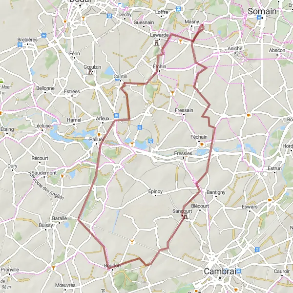 Miniature de la carte de l'inspiration cycliste "Les Chemins du Cambraisis" dans la Nord-Pas de Calais, France. Générée par le planificateur d'itinéraire cycliste Tarmacs.app