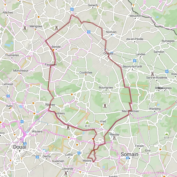 Miniature de la carte de l'inspiration cycliste "Boucle à vélo gravel autour d'Écaillon" dans la Nord-Pas de Calais, France. Générée par le planificateur d'itinéraire cycliste Tarmacs.app