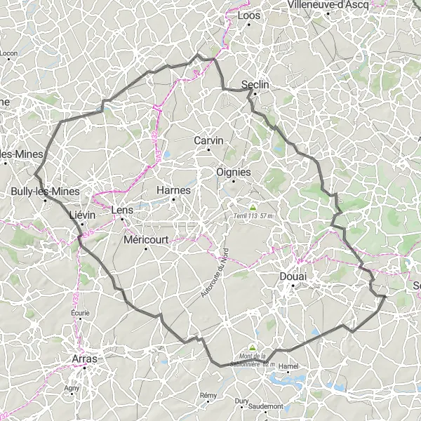 Miniature de la carte de l'inspiration cycliste "Les Coteaux de l'Artois" dans la Nord-Pas de Calais, France. Générée par le planificateur d'itinéraire cycliste Tarmacs.app