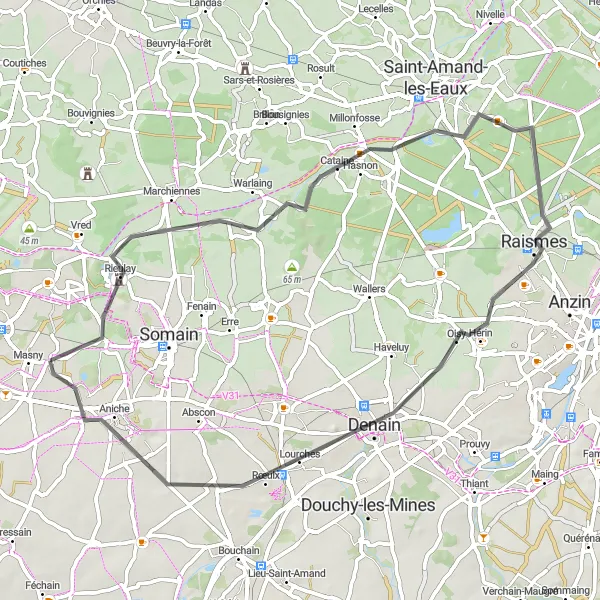 Miniature de la carte de l'inspiration cycliste "Les Collines de l'Escaut" dans la Nord-Pas de Calais, France. Générée par le planificateur d'itinéraire cycliste Tarmacs.app