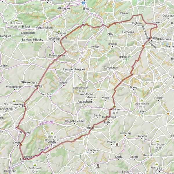 Miniature de la carte de l'inspiration cycliste "Les Collines Secrètes" dans la Nord-Pas de Calais, France. Générée par le planificateur d'itinéraire cycliste Tarmacs.app