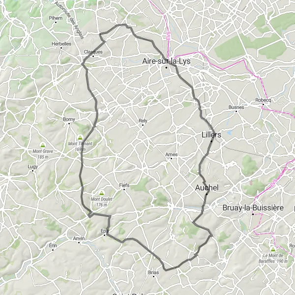 Miniature de la carte de l'inspiration cycliste "La Route des Villages de l'Artois" dans la Nord-Pas de Calais, France. Générée par le planificateur d'itinéraire cycliste Tarmacs.app