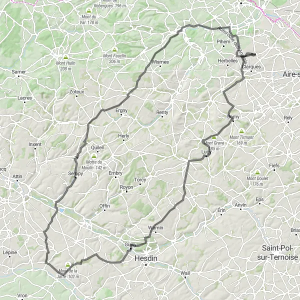 Miniature de la carte de l'inspiration cycliste "Les Montagnes du Nord-Est" dans la Nord-Pas de Calais, France. Générée par le planificateur d'itinéraire cycliste Tarmacs.app