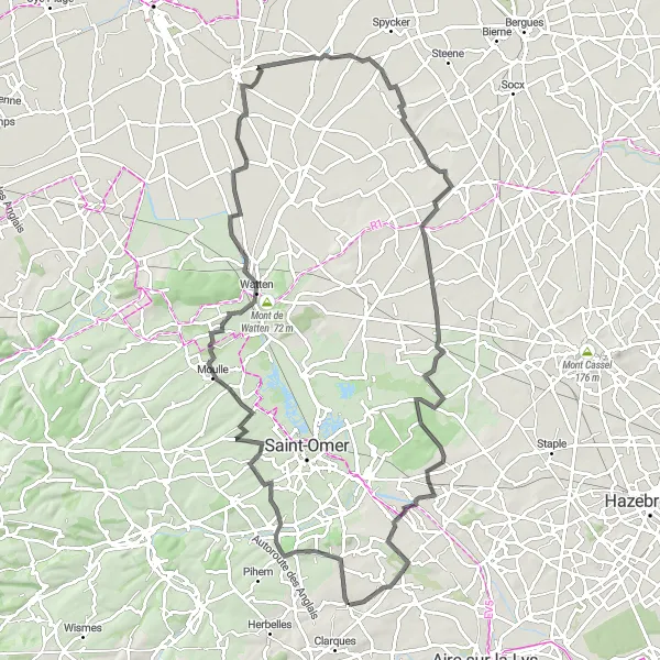 Miniature de la carte de l'inspiration cycliste "Le Défi des Monts de l'Artois" dans la Nord-Pas de Calais, France. Générée par le planificateur d'itinéraire cycliste Tarmacs.app