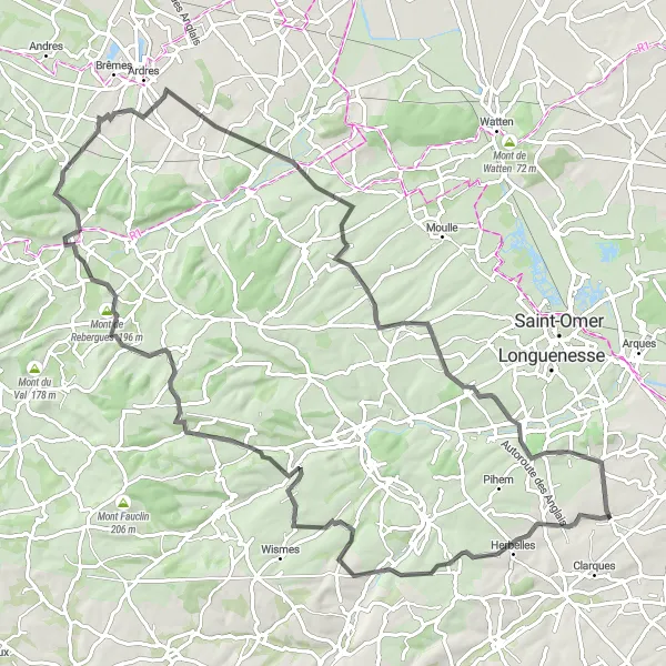 Miniature de la carte de l'inspiration cycliste "Les Montagnes du Nord" dans la Nord-Pas de Calais, France. Générée par le planificateur d'itinéraire cycliste Tarmacs.app