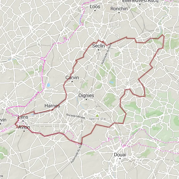 Miniature de la carte de l'inspiration cycliste "Les Chemins de Campagne Circuit Gravel" dans la Nord-Pas de Calais, France. Générée par le planificateur d'itinéraire cycliste Tarmacs.app