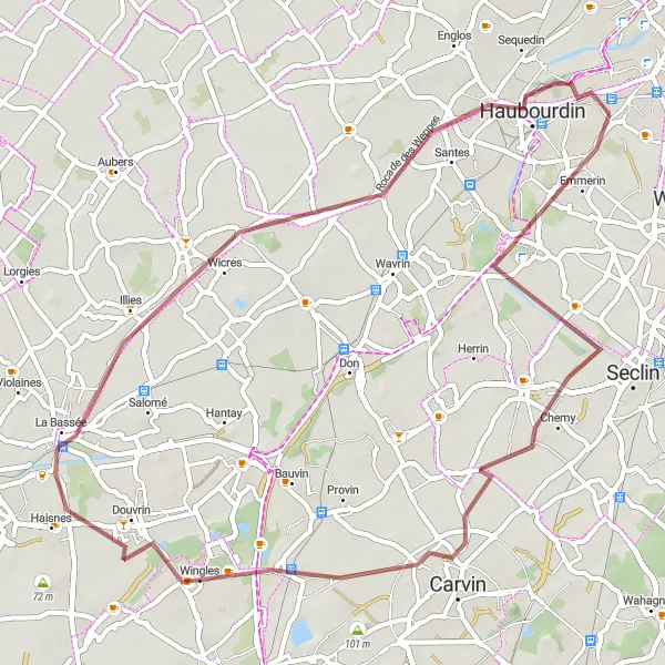 Map miniature of "Scenic Gravel Ride Through Rural Landscapes" cycling inspiration in Nord-Pas de Calais, France. Generated by Tarmacs.app cycling route planner