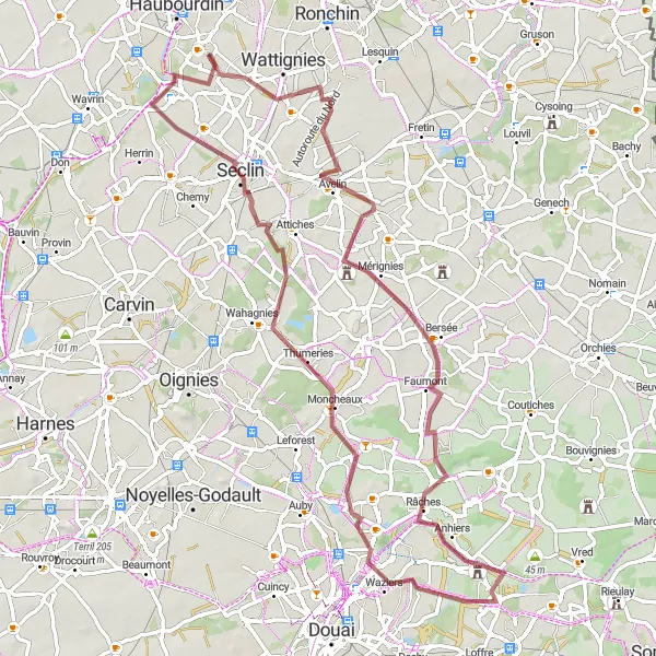 Map miniature of "Gravel Adventure Exploring Emmerin and Its Surroundings" cycling inspiration in Nord-Pas de Calais, France. Generated by Tarmacs.app cycling route planner