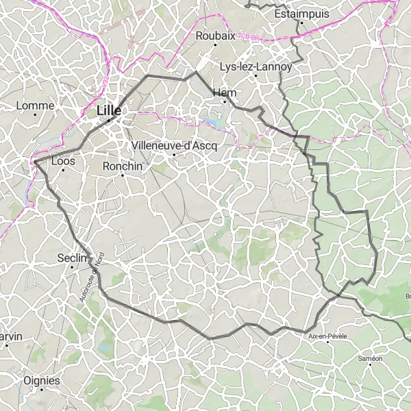 Map miniature of "Emmerin to Lille Loop" cycling inspiration in Nord-Pas de Calais, France. Generated by Tarmacs.app cycling route planner