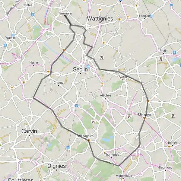 Map miniature of "Cycling Journey through Emmerin and Surroundings" cycling inspiration in Nord-Pas de Calais, France. Generated by Tarmacs.app cycling route planner