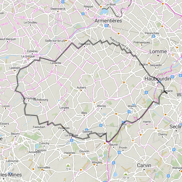 Map miniature of "Road Cycling Delight in Emmerin and its Surroundings" cycling inspiration in Nord-Pas de Calais, France. Generated by Tarmacs.app cycling route planner