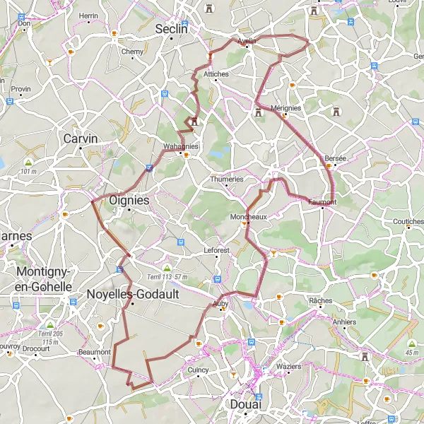 Map miniature of "Scenic Gravel Ride to Ennevelin" cycling inspiration in Nord-Pas de Calais, France. Generated by Tarmacs.app cycling route planner