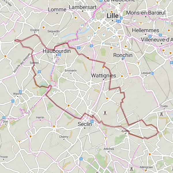 Miniature de la carte de l'inspiration cycliste "Parcours de gravel vers Avelin et Santes" dans la Nord-Pas de Calais, France. Générée par le planificateur d'itinéraire cycliste Tarmacs.app