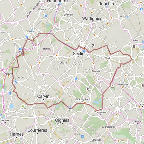 Miniature de la carte de l'inspiration cycliste "Parcours gravel autour d'Ennevelin" dans la Nord-Pas de Calais, France. Générée par le planificateur d'itinéraire cycliste Tarmacs.app