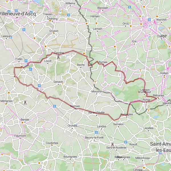 Map miniature of "Ennevelin Gravel Adventure" cycling inspiration in Nord-Pas de Calais, France. Generated by Tarmacs.app cycling route planner