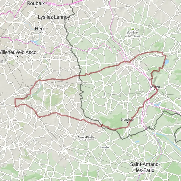 Map miniature of "Historical Gravel Route to Bouvines" cycling inspiration in Nord-Pas de Calais, France. Generated by Tarmacs.app cycling route planner