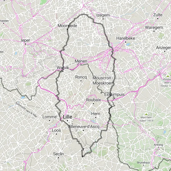 Miniature de la carte de l'inspiration cycliste "Tour à vélo de route vers Bouvines" dans la Nord-Pas de Calais, France. Générée par le planificateur d'itinéraire cycliste Tarmacs.app