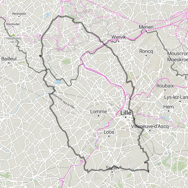 Miniature de la carte de l'inspiration cycliste "Boucle à vélo de route pittoresque près d'Ennevelin" dans la Nord-Pas de Calais, France. Générée par le planificateur d'itinéraire cycliste Tarmacs.app