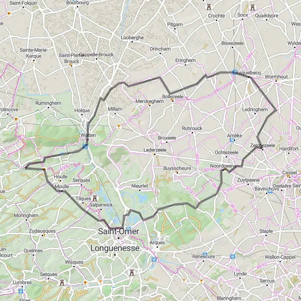 Miniature de la carte de l'inspiration cycliste "Circuit route panoramique vers Saint-Omer" dans la Nord-Pas de Calais, France. Générée par le planificateur d'itinéraire cycliste Tarmacs.app