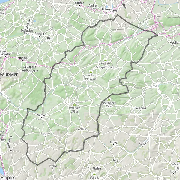 Miniature de la carte de l'inspiration cycliste "Boucle des Montagnes" dans la Nord-Pas de Calais, France. Générée par le planificateur d'itinéraire cycliste Tarmacs.app