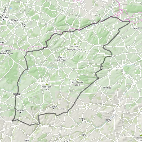 Miniature de la carte de l'inspiration cycliste "Parcours Route des Monts" dans la Nord-Pas de Calais, France. Générée par le planificateur d'itinéraire cycliste Tarmacs.app